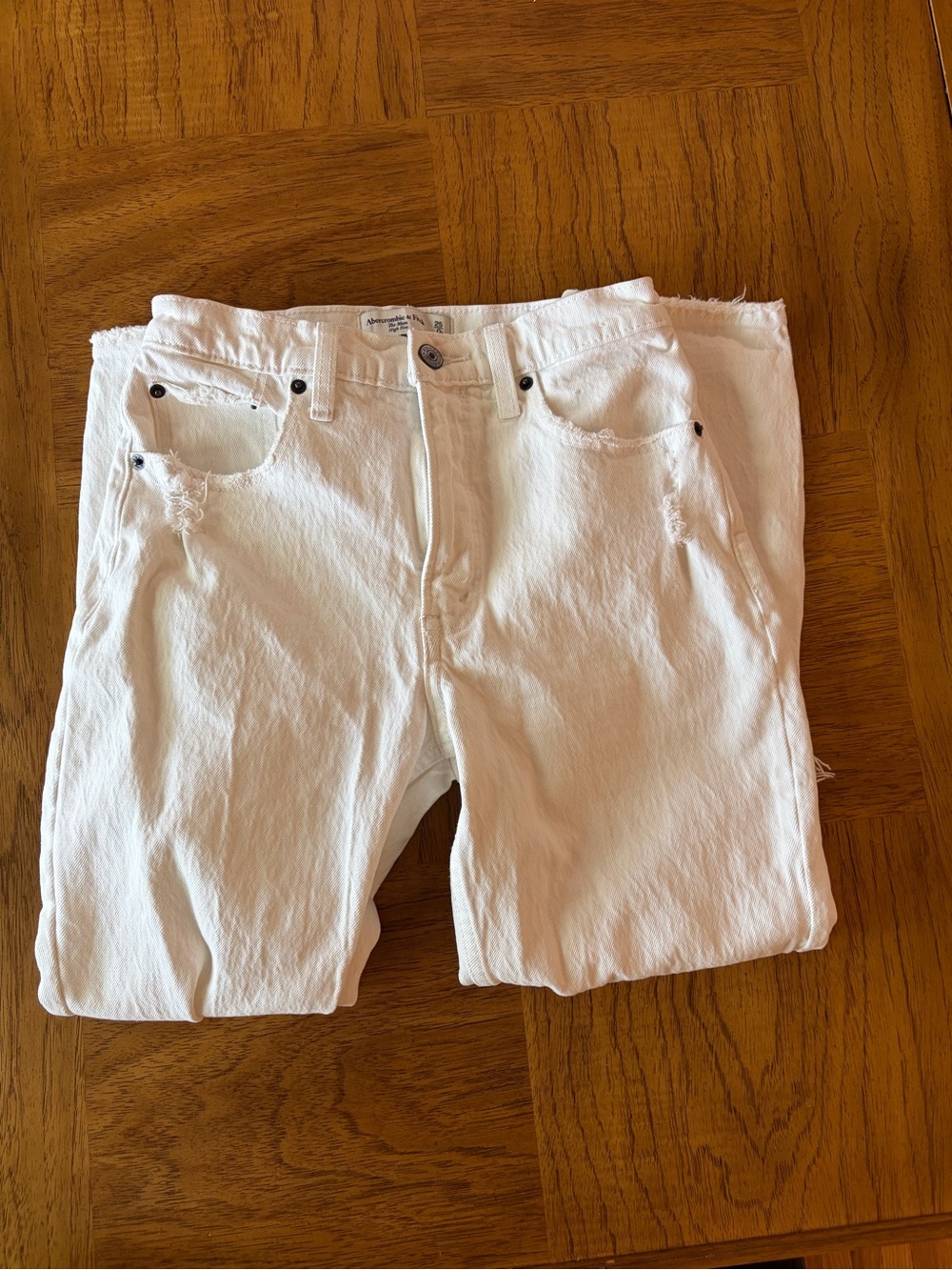 Abercrombie & Fitch White High Rise Mom Jeans with distressing